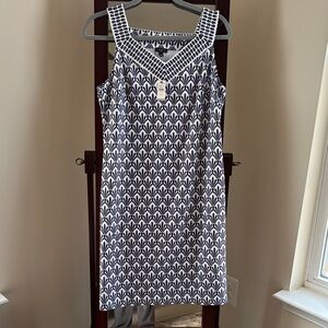 Talbots Navy and White Patterned Sleeveless Sheath Dress